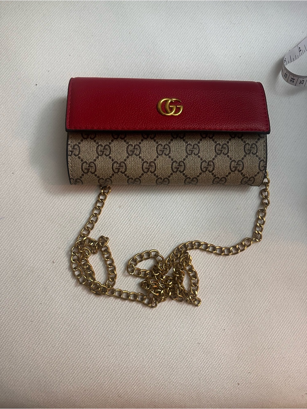 FASHION INSPO BAG Red Leather Flap GG Monogram Crossbody Bag with Gold Chain